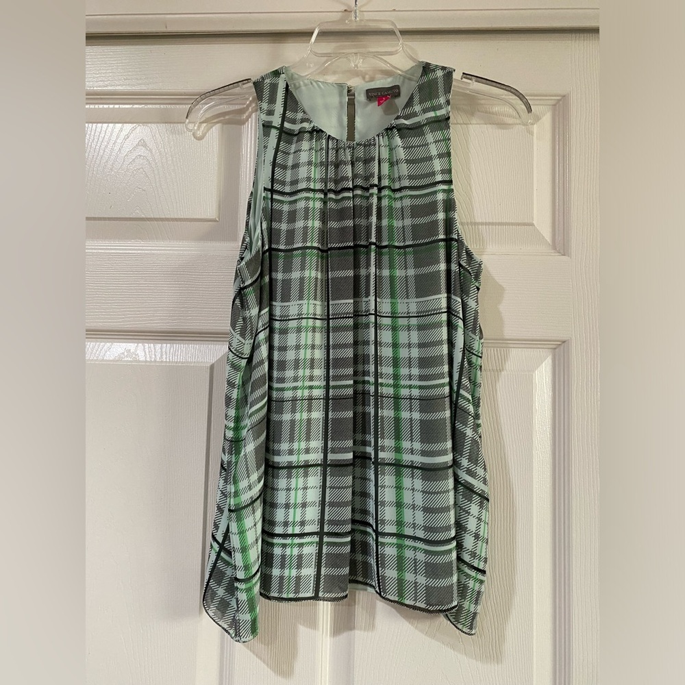 Vince Camuto Women's Green Plaid Sleeveless‎ Plaid Shades Blouse Small